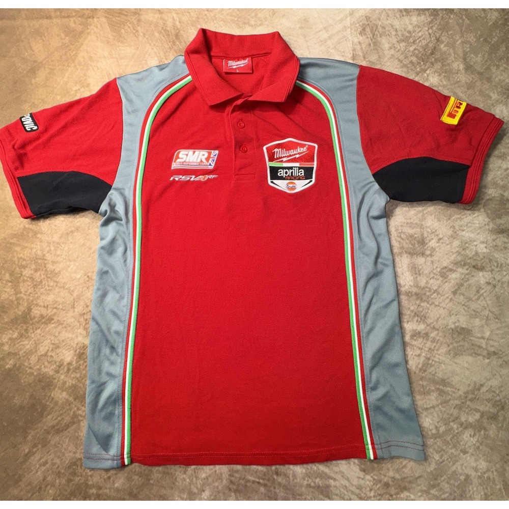 Men's Milwaukee Aprilia SMR Super Bike Racing Moto Red Polo Size Large Pirelli